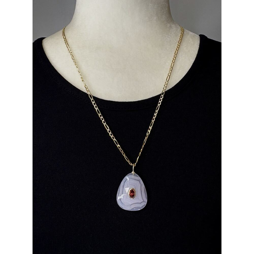 Agate Garnet Sterling Silver Gold Vermeil Pendant Necklace Figaro Chain 20”